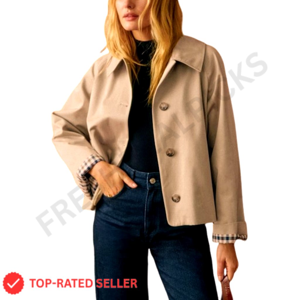 Oversized Trench Coat With Plaid Lining Lapel Casual Crop Jacket